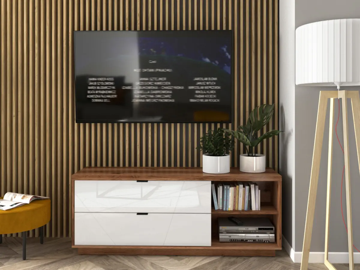 Mueble TV Forn 156 cm con 2 cajones y un estante roble delano oscuro/blanco brillo