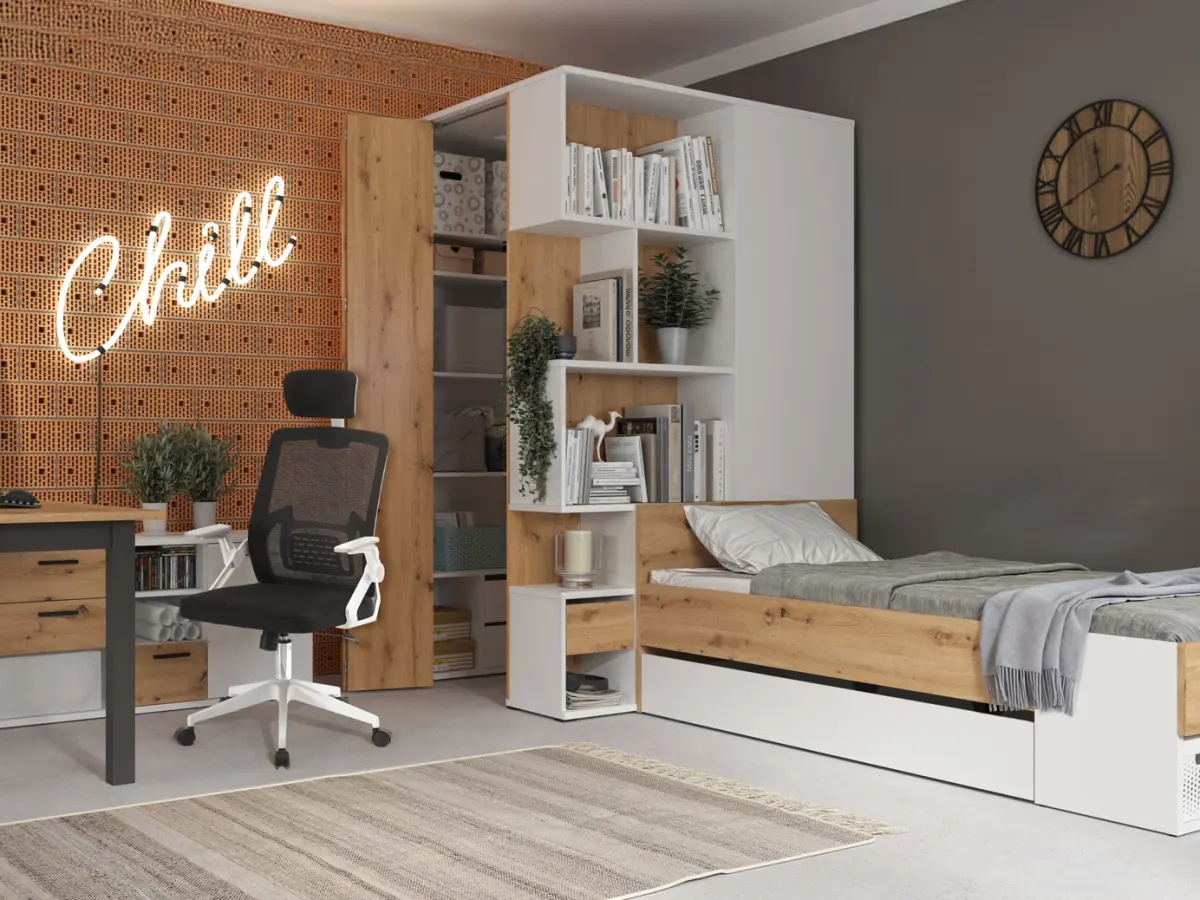 Armario de esquina izquierdo Homeland 136 cm vestidor con 2 puertas y 3 cajones blanco/roble artisan