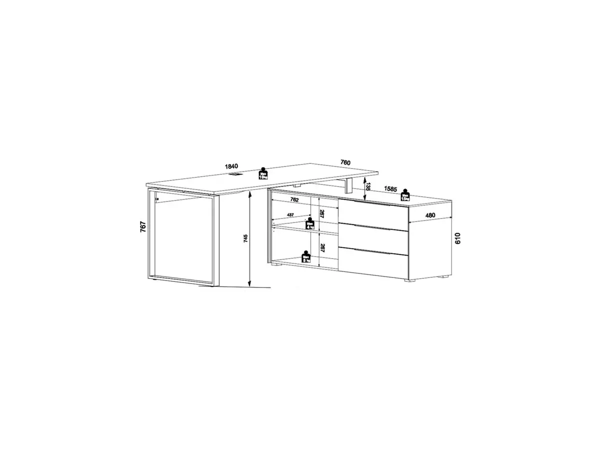 Escritorio de esquina Nevada 158x184 cm con 3 cajones y un estante roble flagstaff oscuro