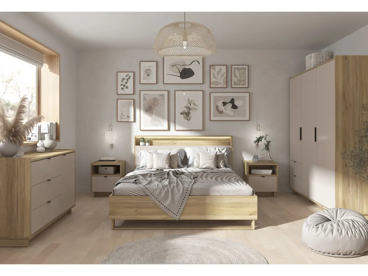 Cómoda Dalva 134 cm con puertas y 3 cajones roble mauvella/cachemira