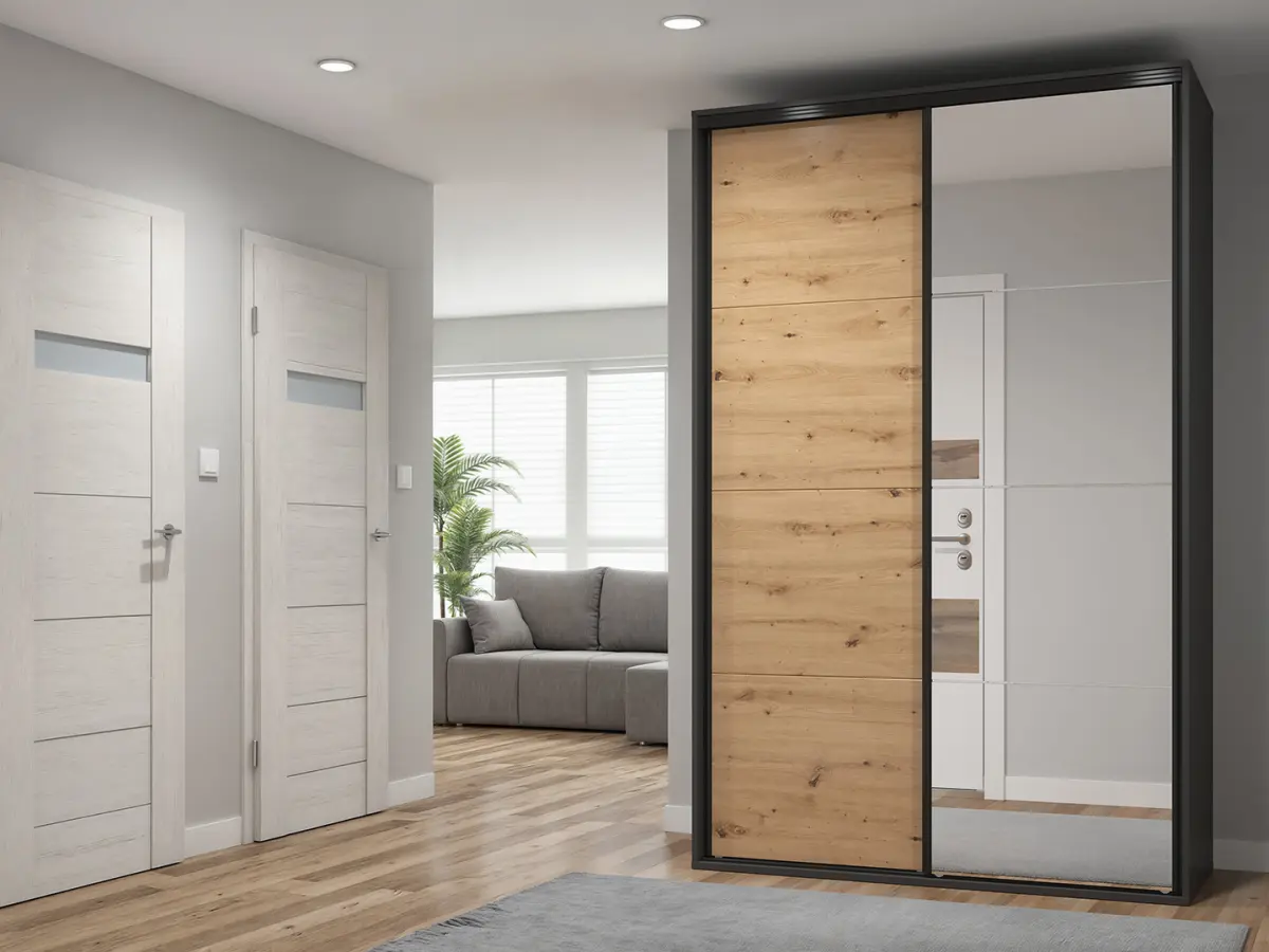 Armario de puertas correderas Flex 150 cm con espejo grafito/roble artisan