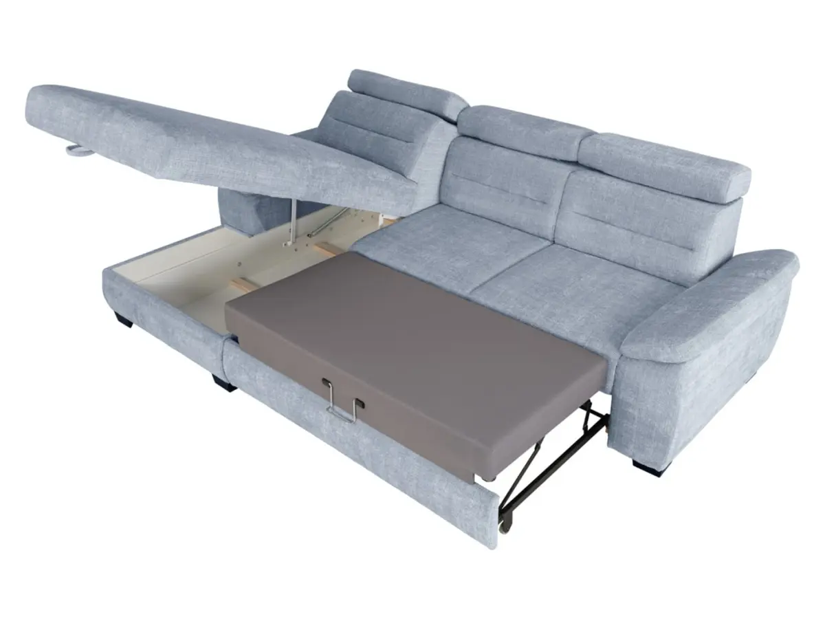 Sofá rinconera izquierdo Aguda convertible con arcón azul