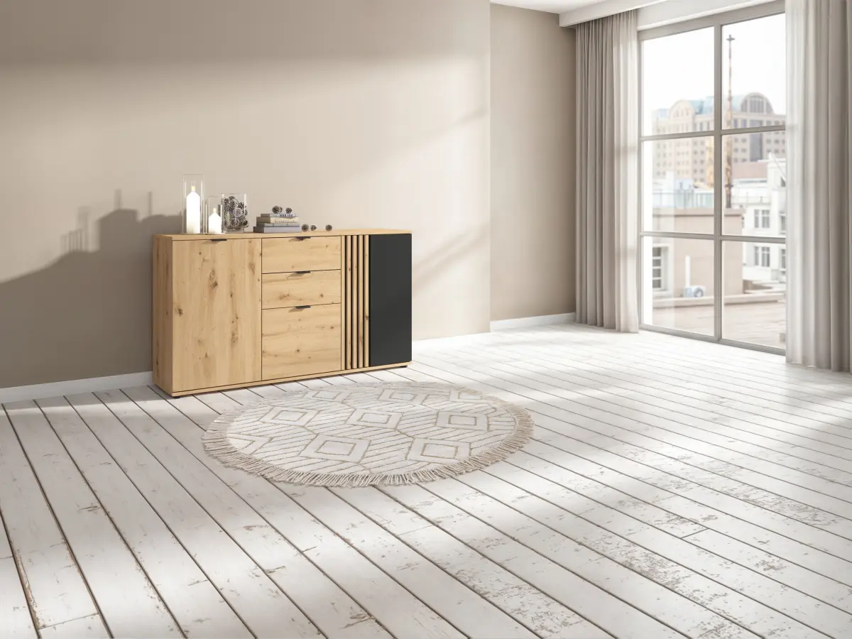 Cómoda Vabres 150 cm con 3 puertas y 2 cajones roble artisan listones