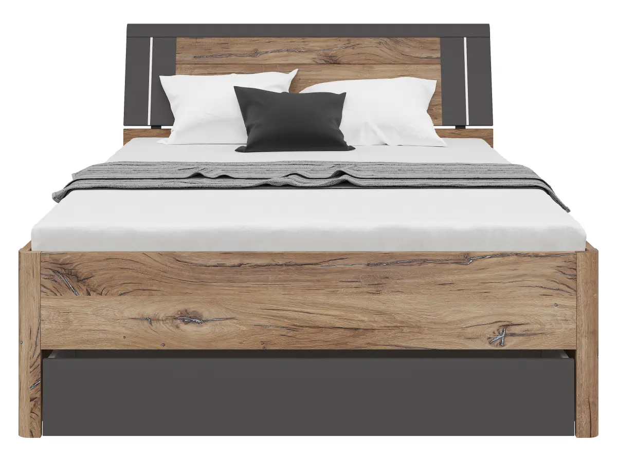 Cama Saturn 140x200 con 3 cajones roble flagstaff oscuro/grafito