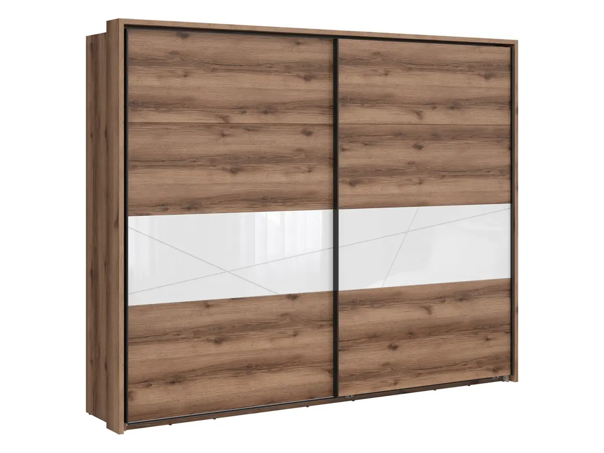 Armario de puertas correderas Forn 270 cm roble delano oscuro/blanco brillo