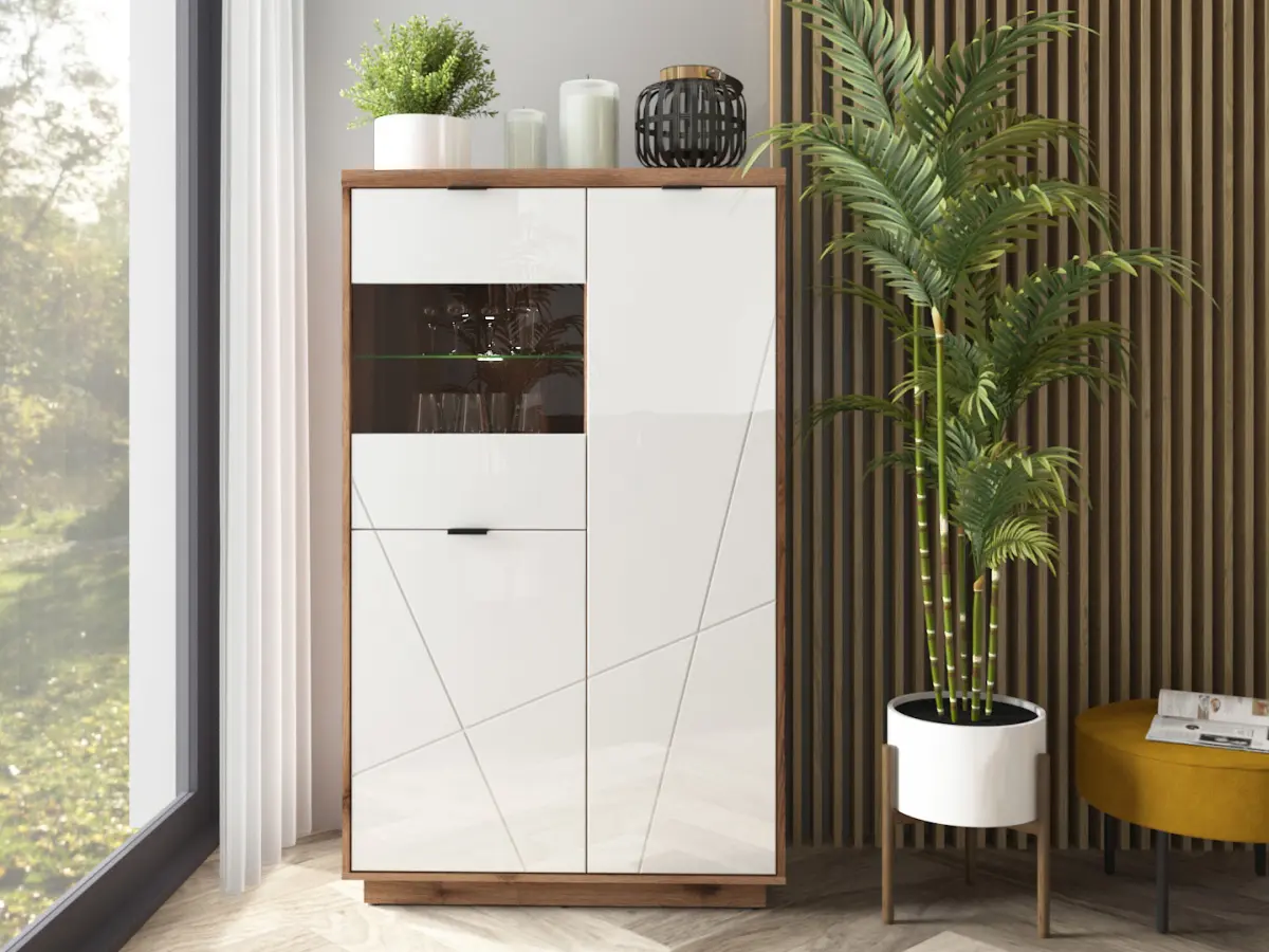 Vitrina Forn 94 cm con 3 puertas roble delano oscuro/blanco brillo