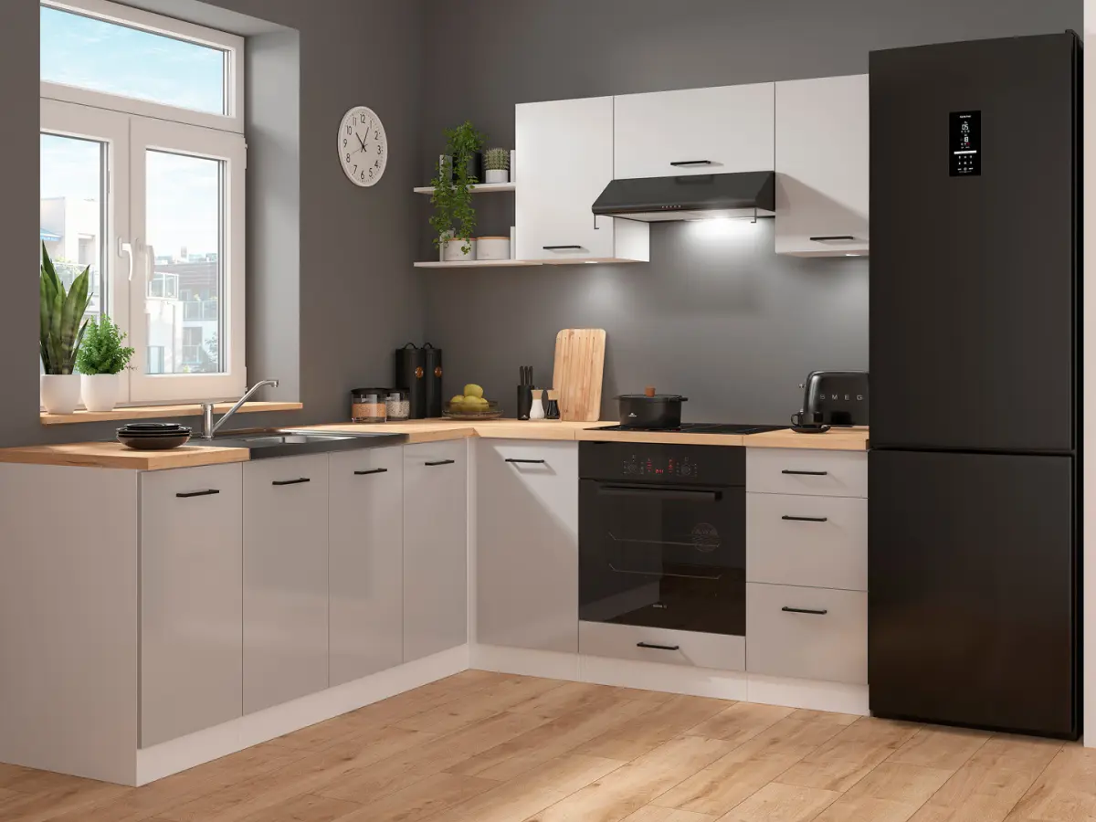 Conjunto de cocina de esquina Junona Line 200x220 gris claro brillo con encimera