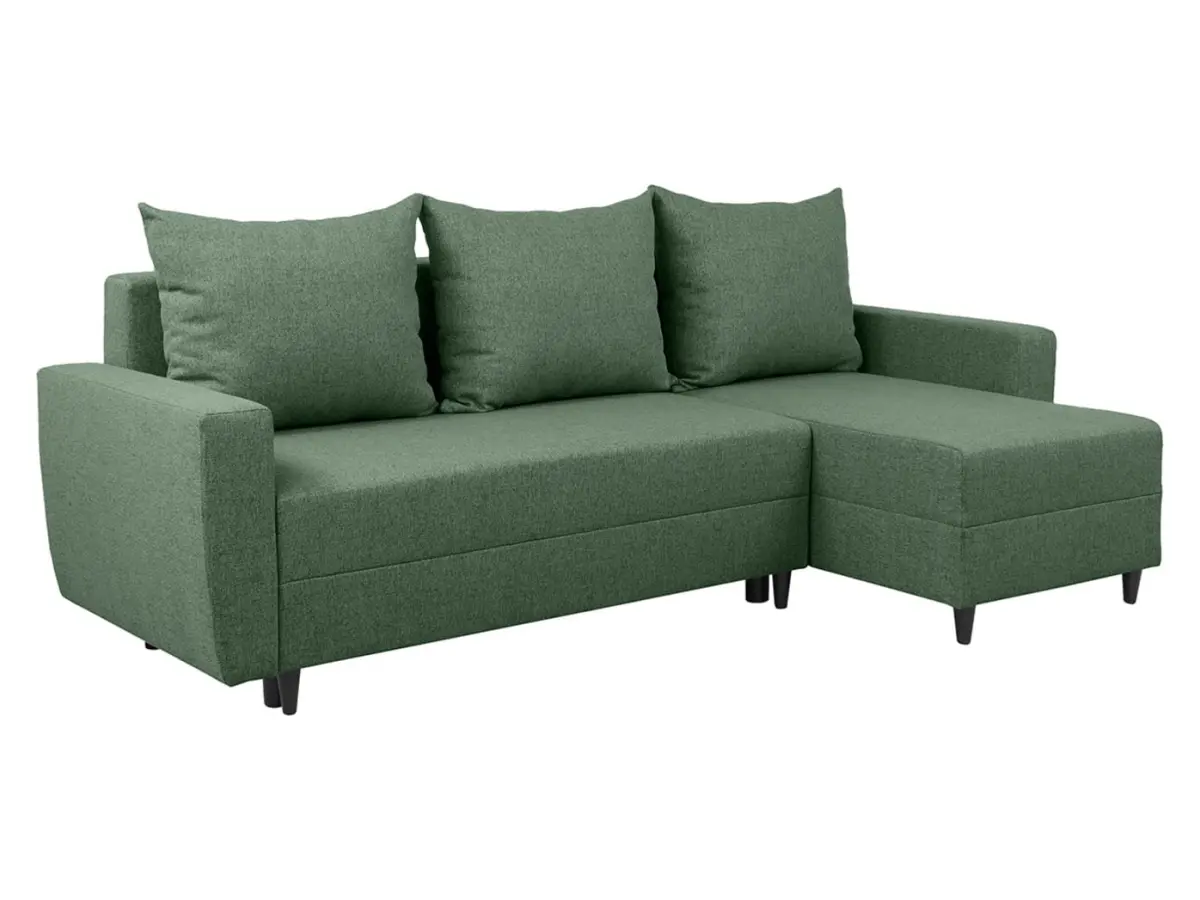 Sofá rinconera universal Malin convertible con arcón, tela trenzada verde