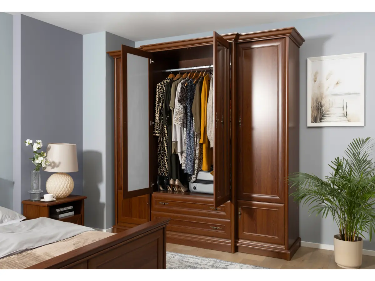 Armario de seis puertas Kent 227 cm con espejo y cajones castaño