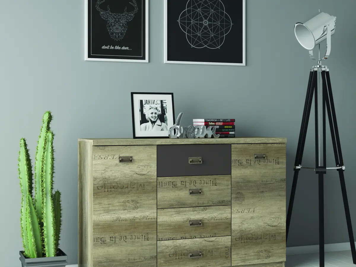 Cómoda Malcolm 130 cm con 2 puertas y 4 cajones roble canyon monument/gris wolfram/roble canyon monument estampado