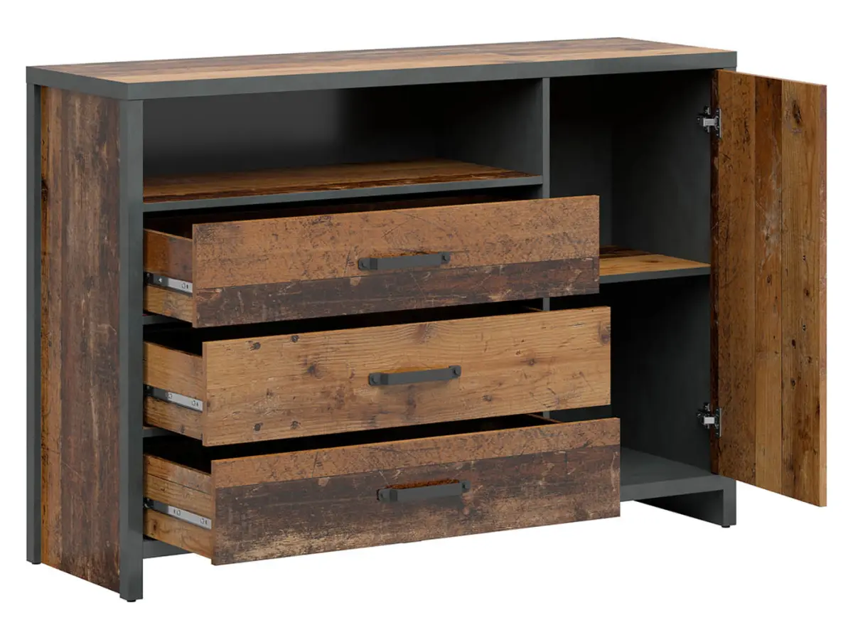 Cómoda Weston 131 cm con puertas 3 cajones y estante pino old style