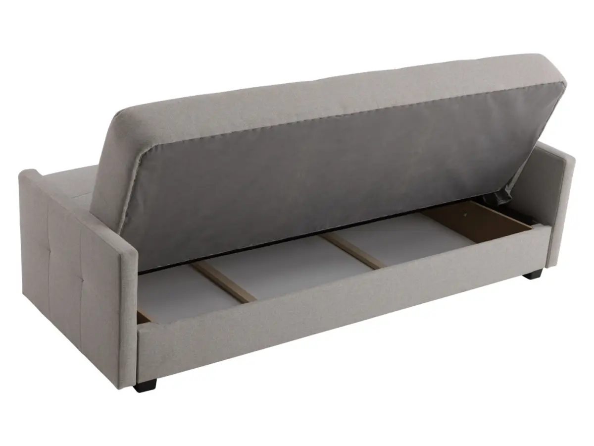 Sofá cama de tres plazas Maro plegable con arcón, tela trenzada gris