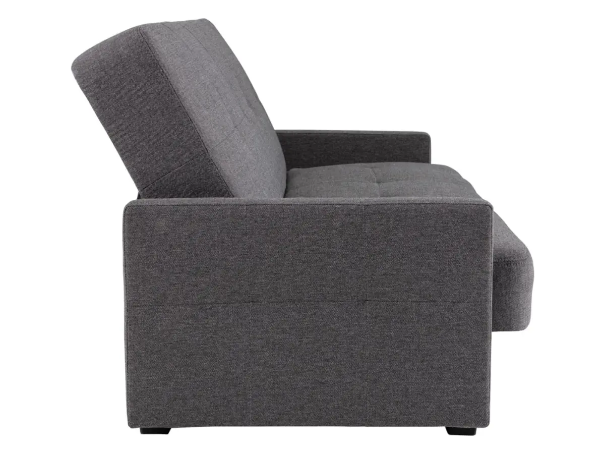 Sofá cama de tres plazas Maro con arcón, tejido trenzado gris oscuro