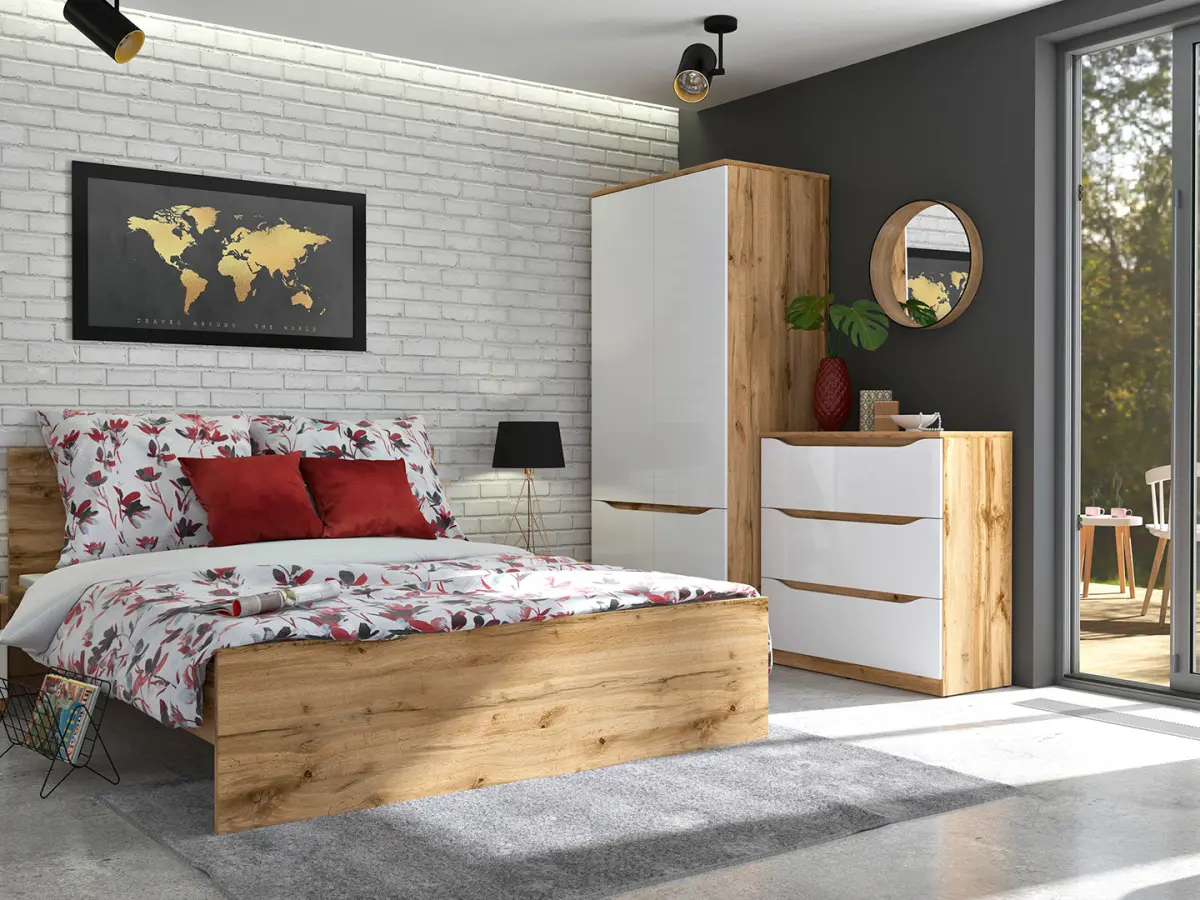 Cómoda Nuis 90 cm con 3 cajones roble wotan/blanco brillo