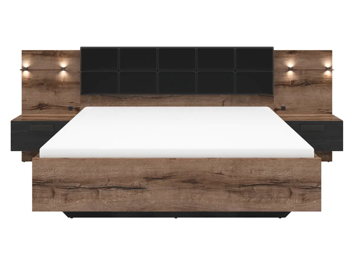 Cama Kassel 160x200 con somier y contenedor y 2 mesitas de noche roble monastery