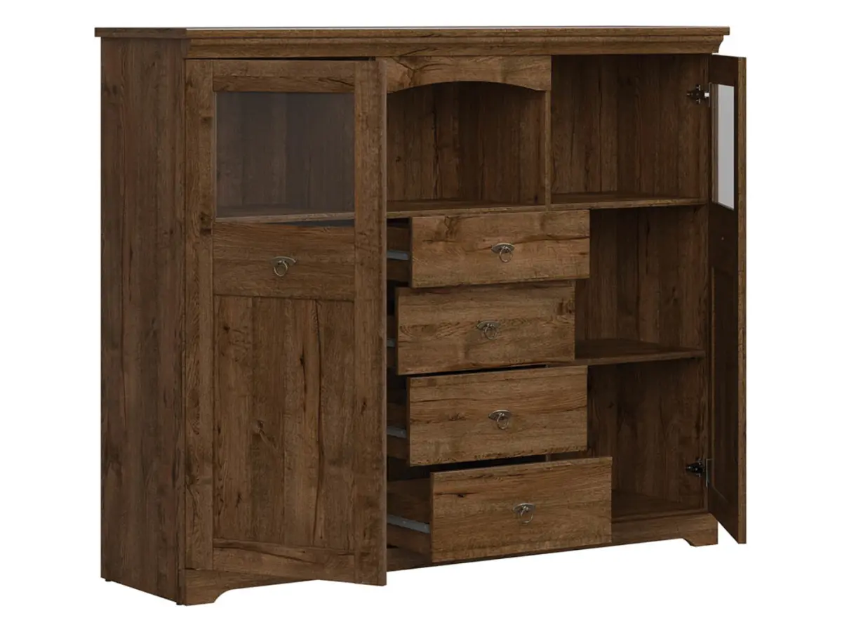 Cómoda Patras 153 cm vitrina con 2 puertas y 4 cajones roble april