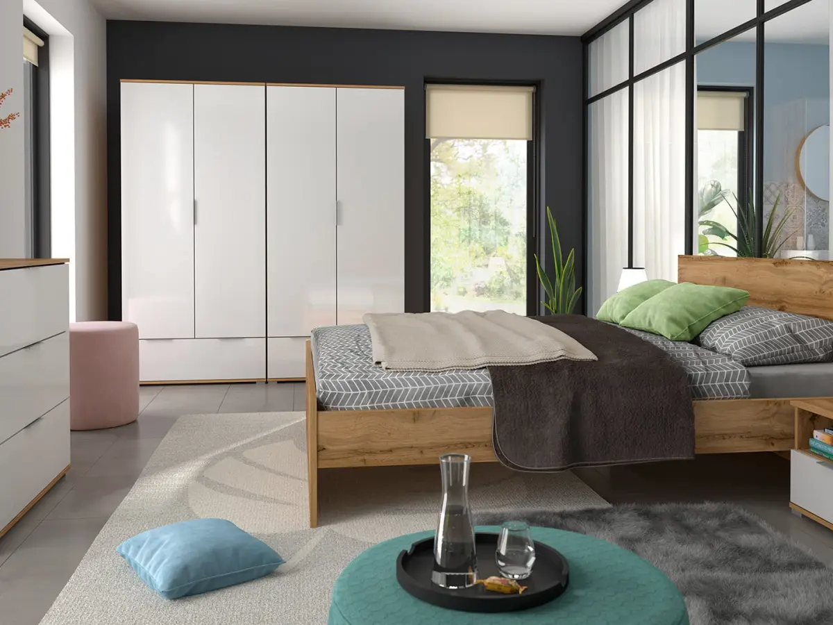 Armario de dos puertas Zele 90 cm con cajón roble wotan/blanco brillo