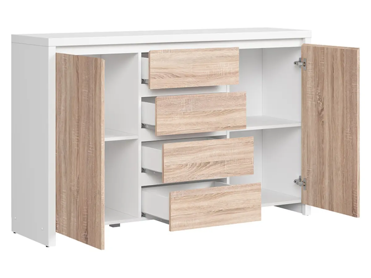 Cómoda Kaspian 144 cm con 2 puertas y 4 cajones blanca/roble sonoma