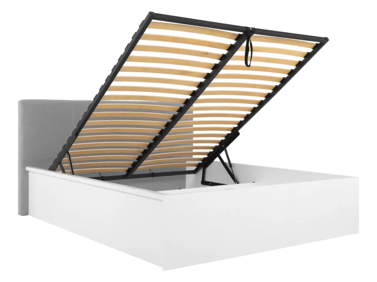 Cama Tetrix 160x200 con somier, contenedor y cabecero tapizado blanco brillo