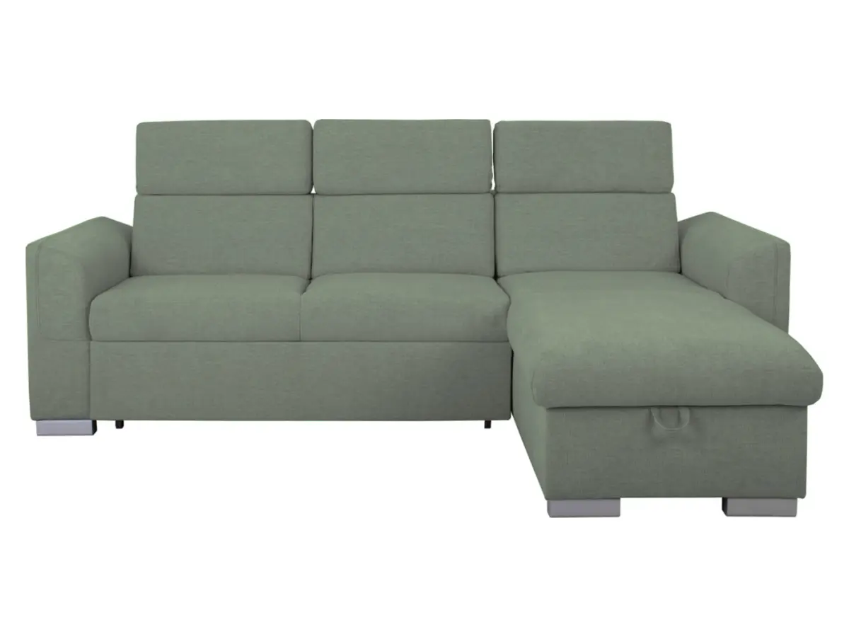 Sofá de esquina universal Evia con función de cama, arcón y reposacabezas ajustables verde