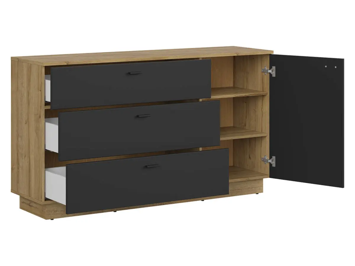 Cómoda Zenda 150 cm con puertas y 3 cajones roble waterford/negro