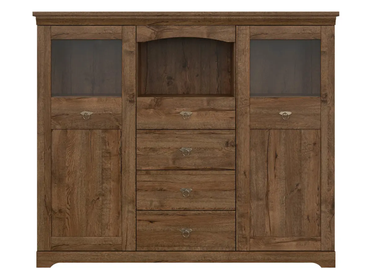 Cómoda Patras 153 cm vitrina con 2 puertas y 4 cajones roble april
