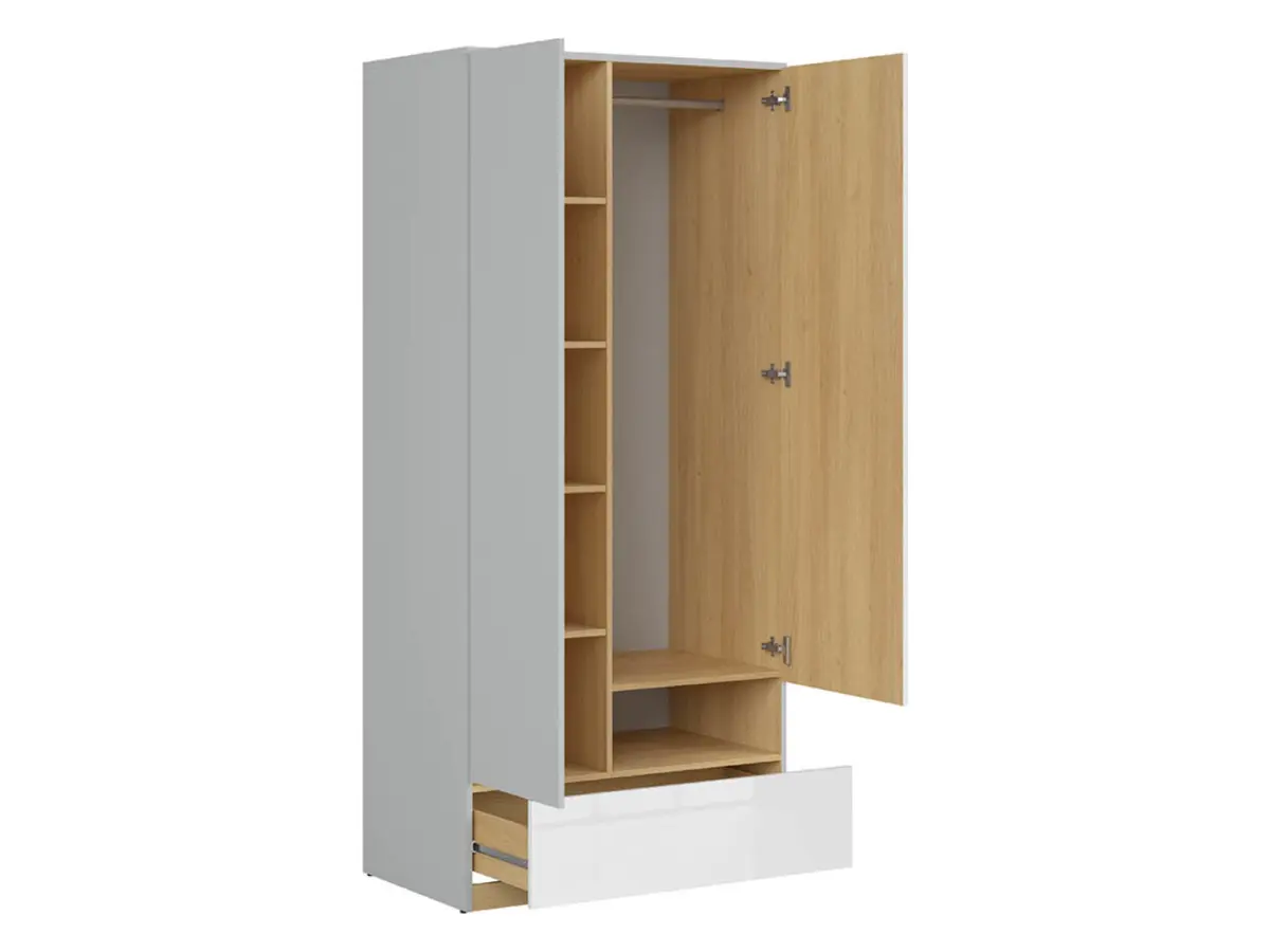 Шкаф двухдверный Nandu 90 см с ящиком светло-серый/дуб польский/белый глянец