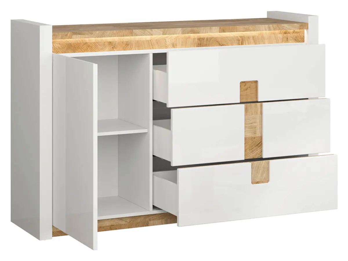 Комод Alameda 147 см с дверцами и 3 ящиками дуб вестминстер/белый глянец