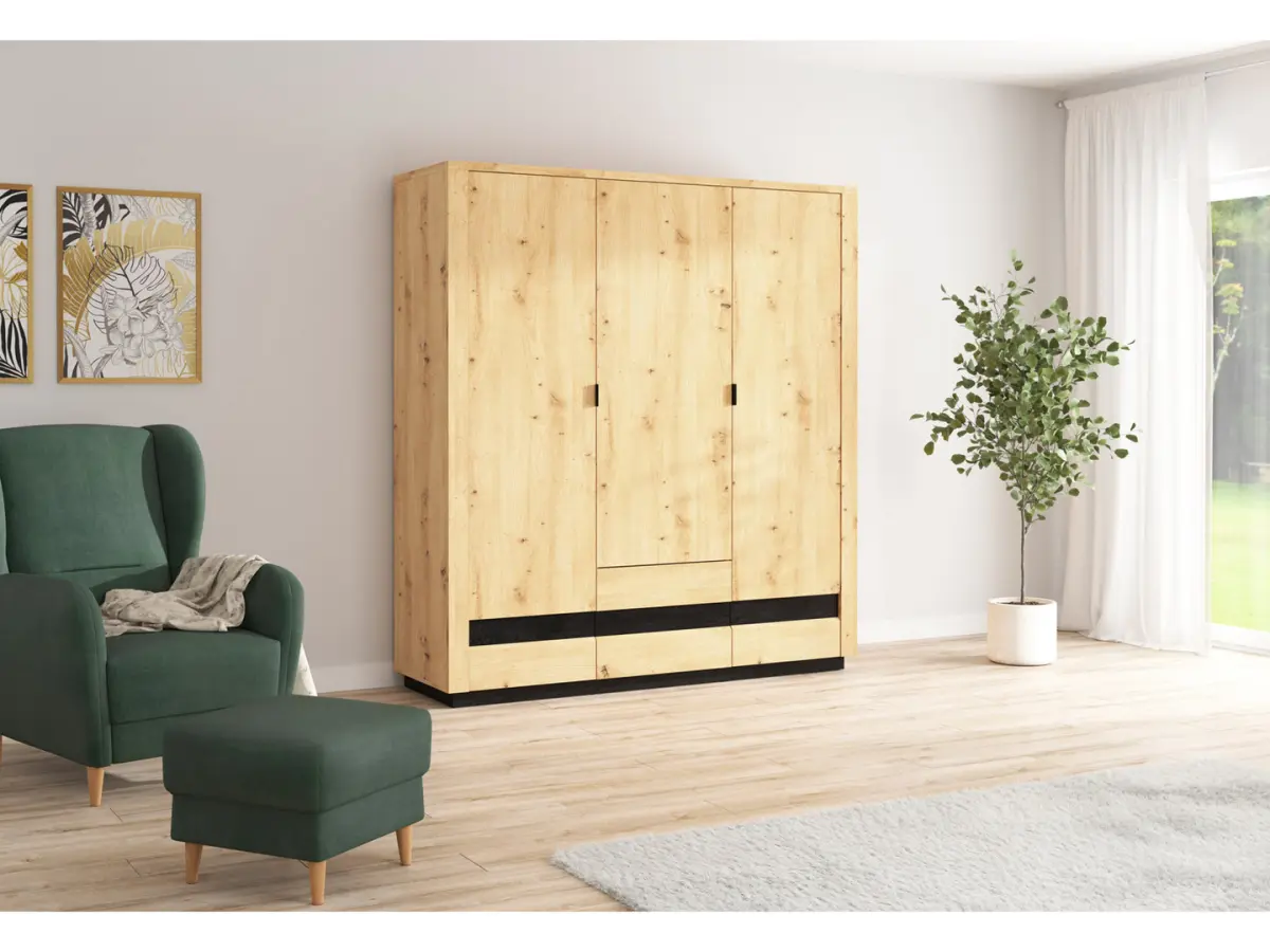 Armario de tres puertas Ostia 180 cm con cajones roble artisan/roble negro