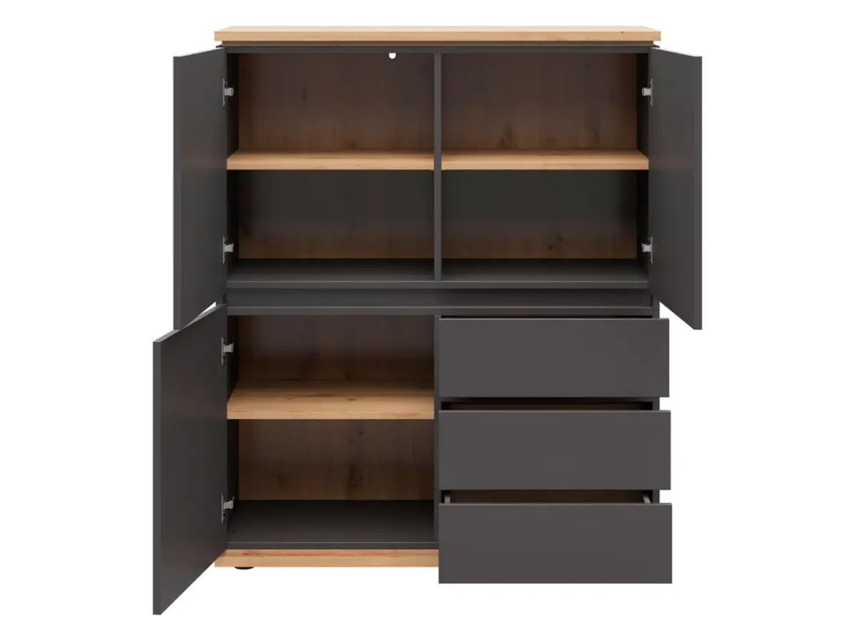 Cómoda Yamael 100 cm con 3 puertas y cajones grafito/roble artisan