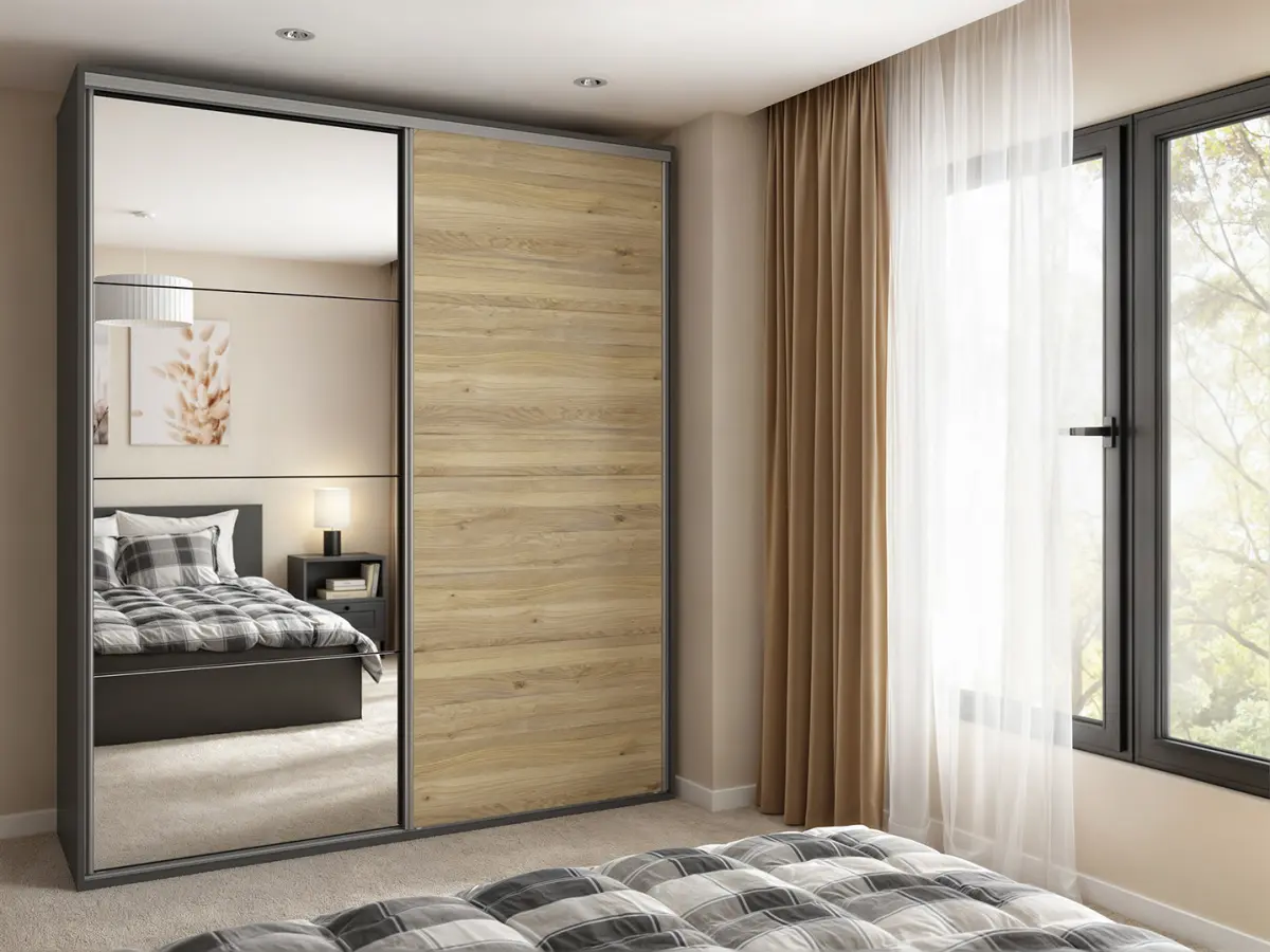 Armario de puertas correderas Flex 200 cm con espejo grafito/roble mauvella