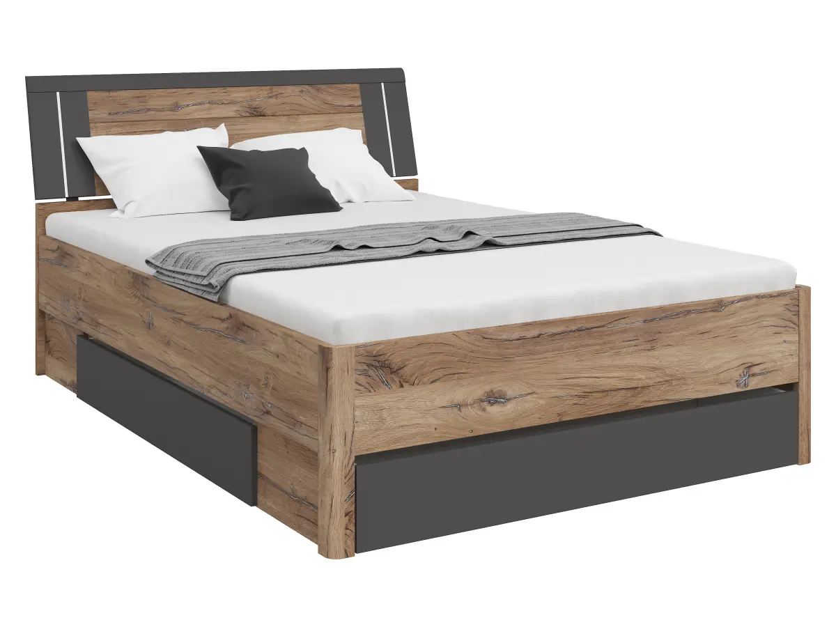 Cama Saturn 140x200 con 3 cajones roble flagstaff oscuro/grafito