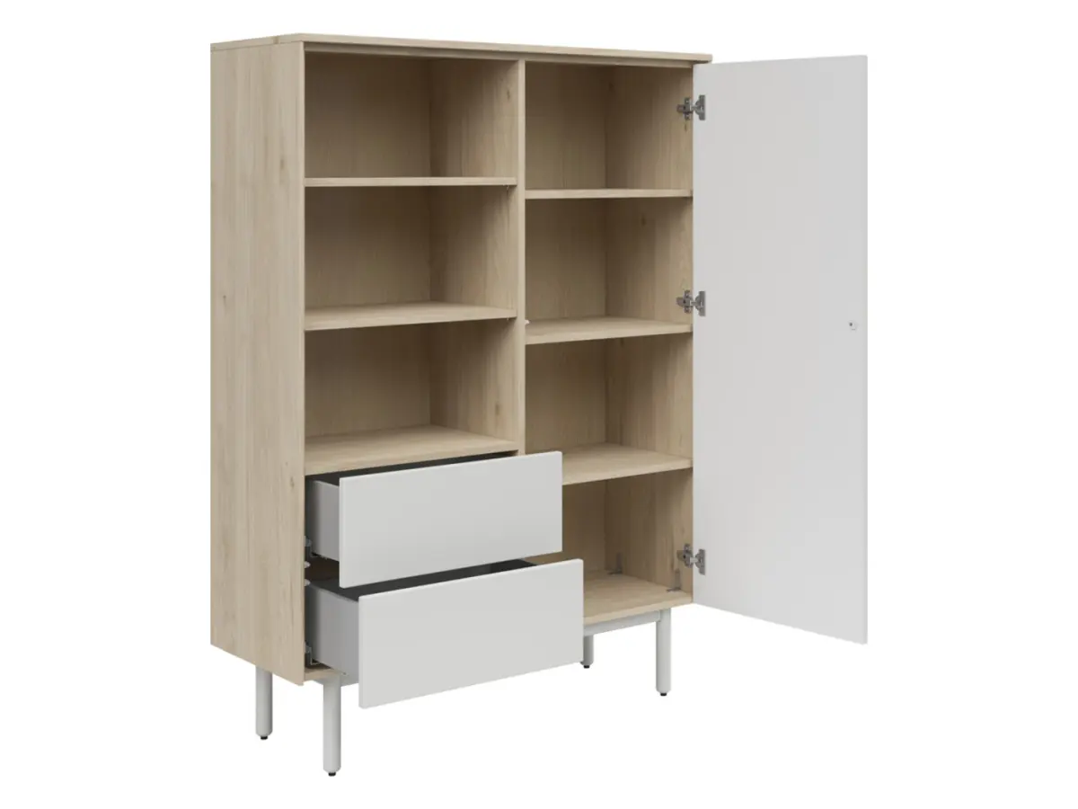 Estantería Ema 105 cm con puertas 2 cajones y estantes nogal jackson hickory/gris claro