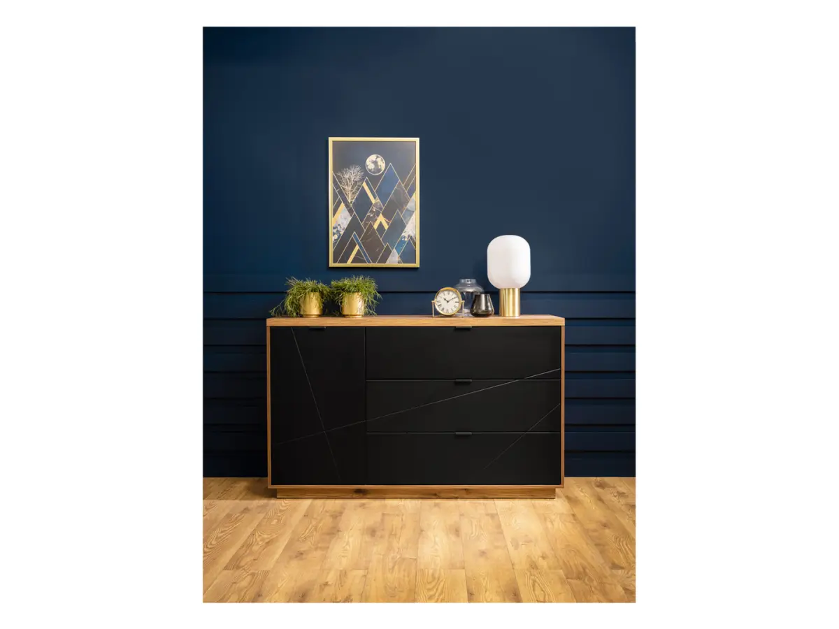 Cómoda Forn 156 cm con puertas y 3 cajones roble delano oscuro/negro mate