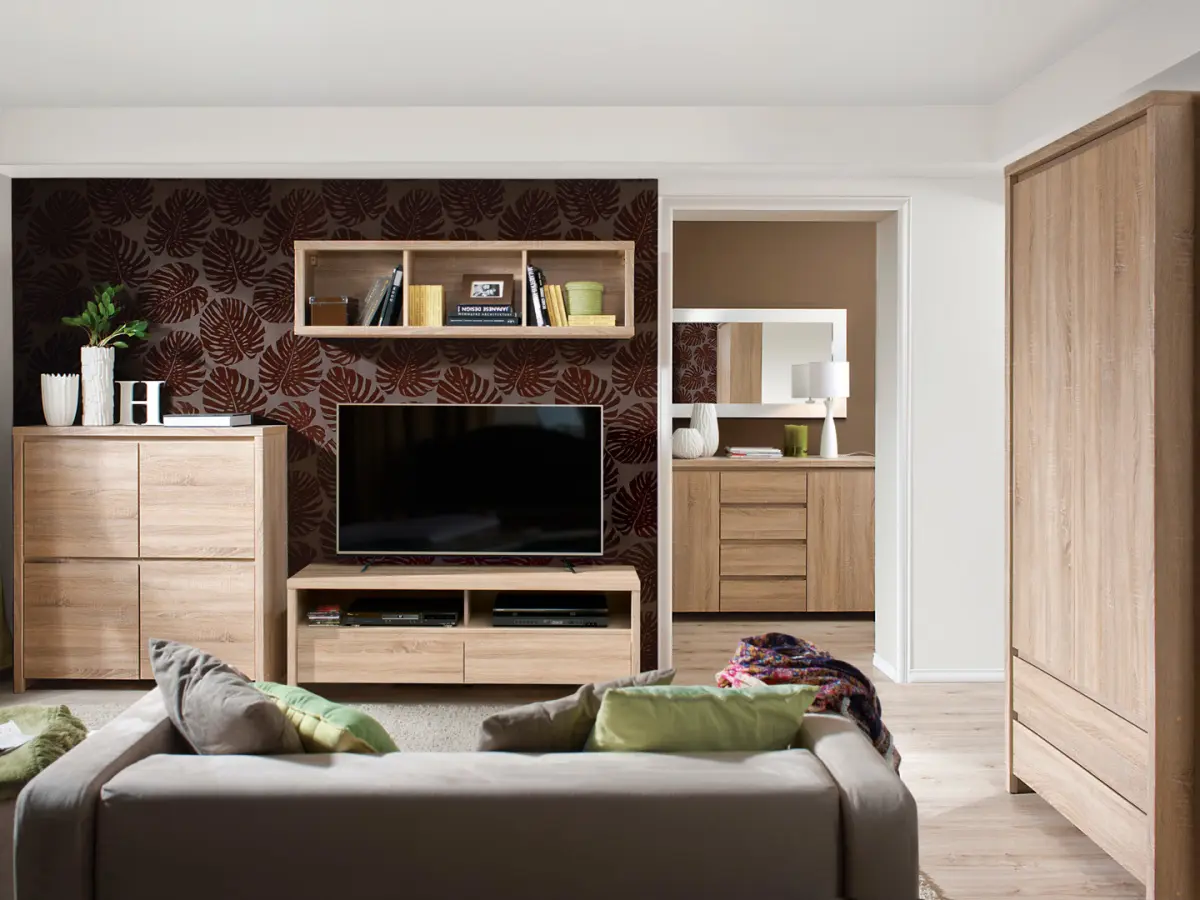 Mueble RTV Kaspian 143 cm con 2 cajones y estante roble sonoma