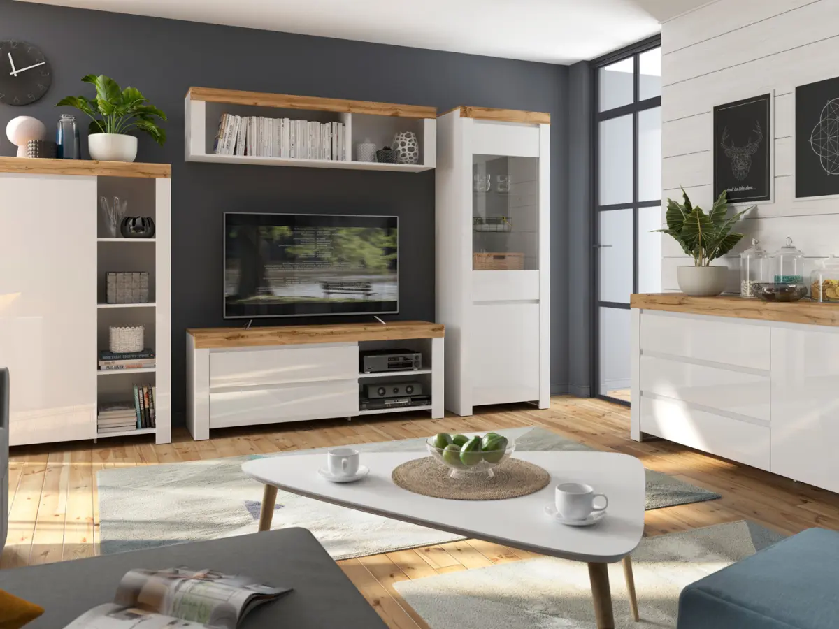 Mueble RTV Holten 156 cm con 2 cajones blanco brillo