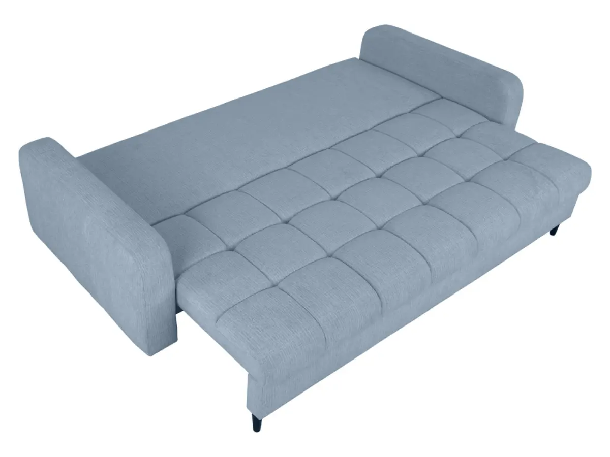 Sofá de tres plazas Sorella convertible con arcón, chenilla azul claro