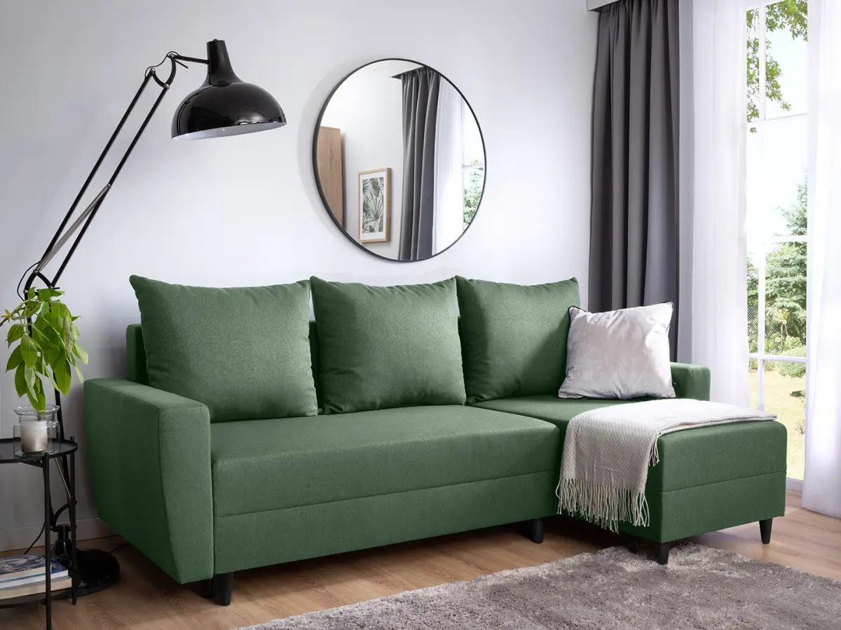 Sofá rinconera universal Malin convertible con arcón, tela trenzada verde