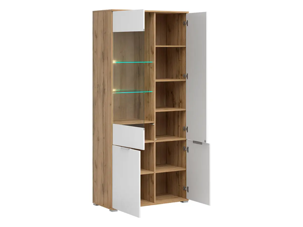 Vitrina Zele 90 cm con 4 puertas roble wotan/blanco brillo
