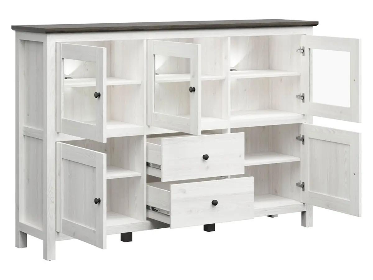 Cómoda Hesen 186 cm vitrina con 5 puertas y 2 cajones alerce sibiu claro/pino larico