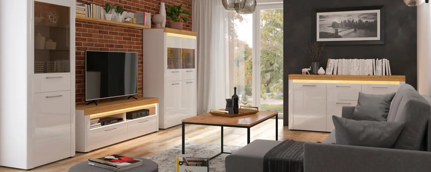 Vitrina elegante en blanco brillo y roble