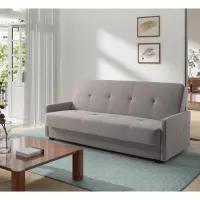 Sofá cama de tres plazas Maro plegable con arcón, tela trenzada gris