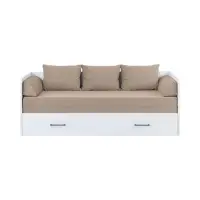 Cama extensible Tetrix blanco brillo 80-160x200 con contenedor colchón y cojines beige