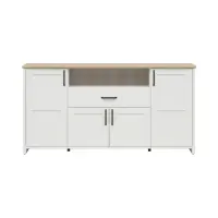 Cómoda Loksa 194 cm con 4 puertas, cajón y estante, pino andersen blanco/roble grandson