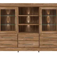 Cómoda Gent 166 cm vitrina con 2 puertas 6 cajones y 3 estantes roble stirling