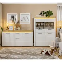 Cómoda Horton 170 cm con 3 puertas y un cajón roble dorado grandson/blanco brillo