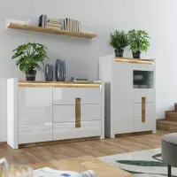 Cómoda Alameda 147 cm con puertas y 3 cajones roble westminster/blanco brillo