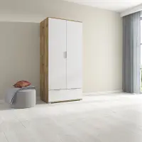 Armario de dos puertas Zele 90 cm con cajón roble wotan/blanco brillo