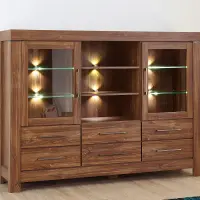 Cómoda Gent 166 cm vitrina con 2 puertas 6 cajones y 3 estantes roble stirling