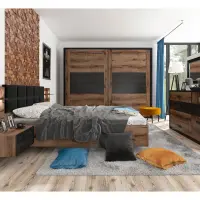 Cama Kassel 160x200 con somier y contenedor y 2 mesitas de noche roble monastery